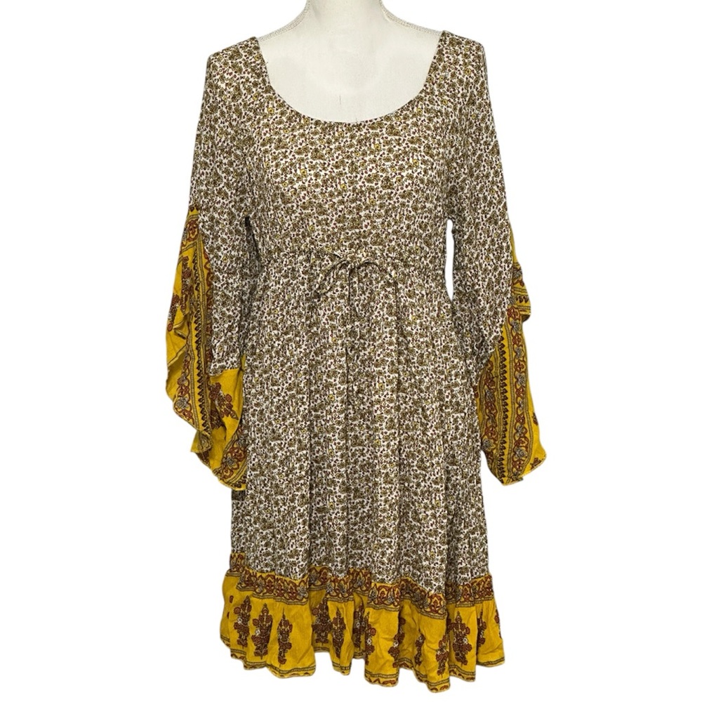 J Gee Yellow/White Paisley Bohemian-style Mini Dress with Bell Sleeves NWT